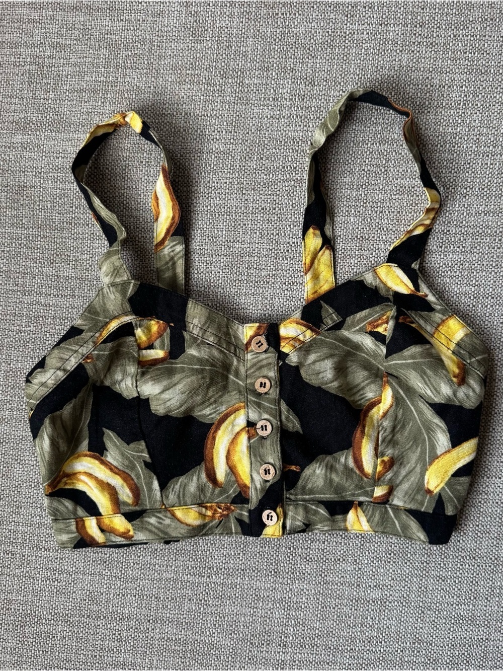 Black banana leaf Tropical print Button-Front Crop bustier Tank Top size Small